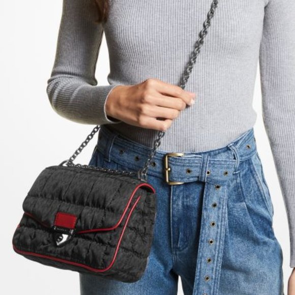 NWT Michael Kors SOHO Quilted Nylon Shoulder Bag Crossbody Black Red Trim $400 - Picture 4 of 13